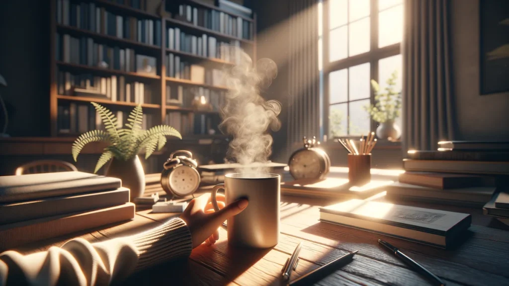 朝活の始まり、朝日とコーヒー