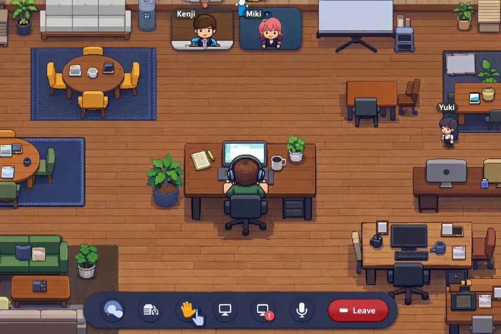 バーチャルオフィスで作業するアバターたち